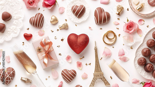チョコ、花、アクセサリーが散りばめられている