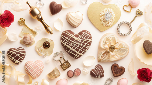 チョコ、花、アクセサリーが散りばめられている