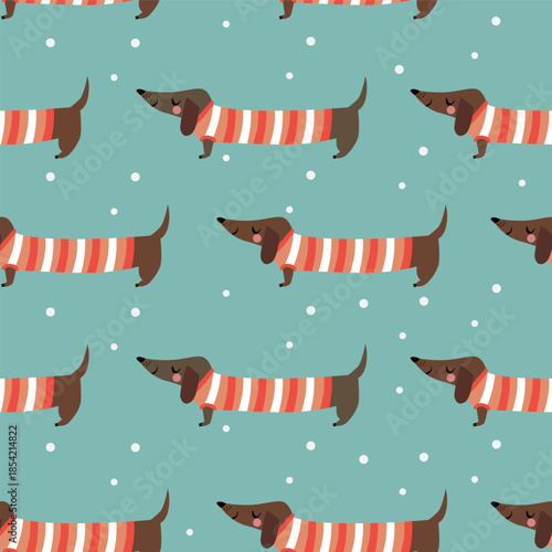 Seamless winter pattern with dogs on blue background. 