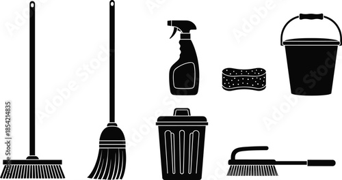 Black silhouettes of cleaning tools including broom, mop, spray bottle, sponge, bucket, trash can, and scrub brush 