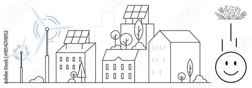 Renewable energy concept. Renewable energy powering a sustainable city with solar panels and wind turbines. Renewable energy promoting green living and eco-conscious lifestyles. For urban planning