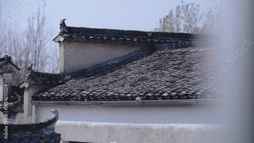 Traditional Xidi Huizhou Architecture - Ornate Tile Roof with Upturned Eaves