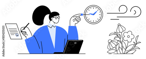 Time management, productivity tips, scheduling, digital tools, work-life balance, sustainability. Person pointing at a clock, working with a laptop holding notes. Time management and productivity