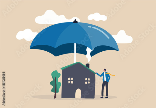 House insurance, home disaster insure coverage or safety or shield for residential building concept, young man house owner with his house under strong cover umbrella.