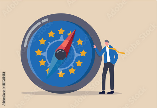 European Union economic direction after Brexit and COVID-19, EU financial strategy or business and stock market outlook concept, businessman leader standing with direction compass with Euro zone flag