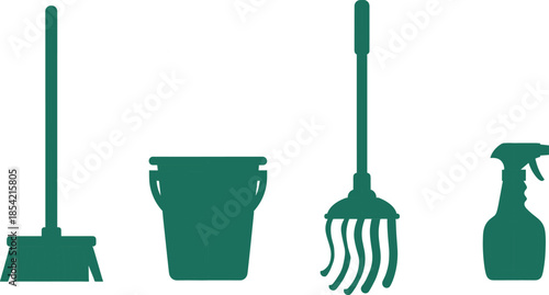 Cleaning tools silhouette vector set with broom, bucket, mop, and spray bottle for hygiene and household-themed design use.