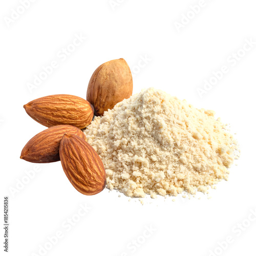 Group of almonds with ground almond flour isolated on transparent background.