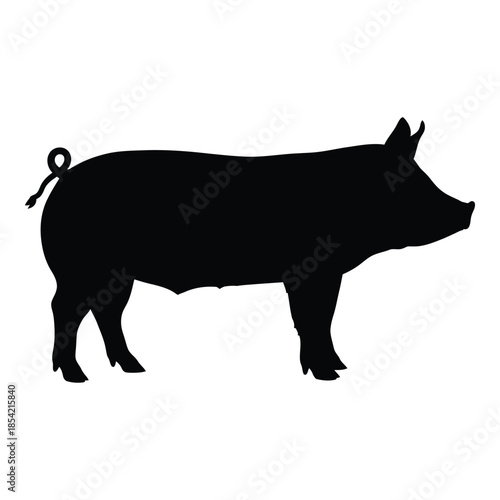 A simple black silhouette of a pig standing in profile view
