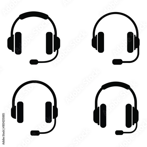 Four black silhouette icons depicting headsets with microphones isolated on white