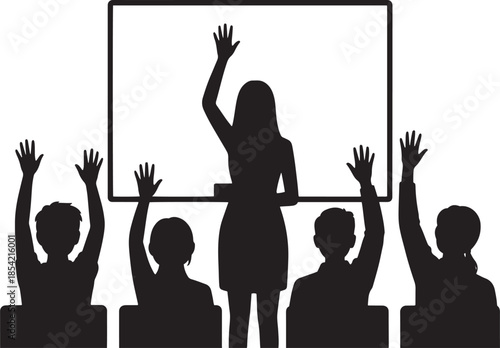 Teacher at whiteboard with students raising hands silhouette classroom education