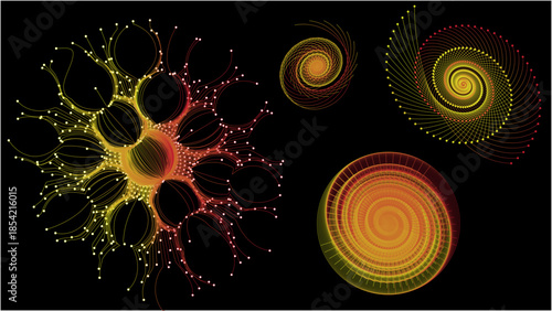 Futuristic abstract spiral network shapes in yellow and red on black background, complex circular data flow and energy vortex lines for technology and science design.