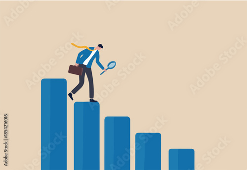 Business decline, loss or profit reduction, investment forecast of economic recession, negative return, price drop or financial downturn concept, businessman analyze declining bar graph and chart.