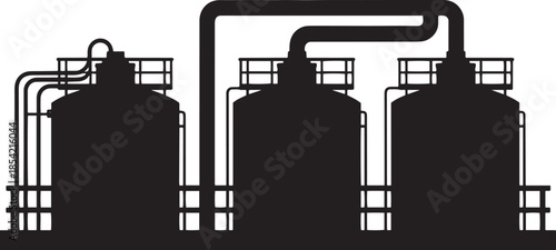 Black vector silhouette illustration of a wine bottle with an urban city skyline and industrial buildings, designed as a simple symbolic icon representing manufacturing and city life
