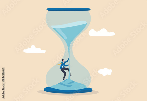 Time management, patience to be success, manage to control time, working timeline concept, confidence businessman climbing falling sand as time fly in the hourglass or sandglass.