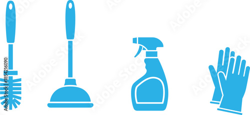 Blue Silhouette Icons of Toilet Brush, Plunger, Spray Bottle, and Gloves – Essential Cleaning Tools for Household Sanitation Projects