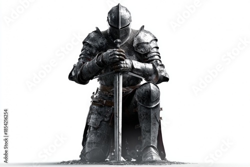 Medieval Knight Kneels on One Knee With Sword Planted in the Ground Under Holy Light
