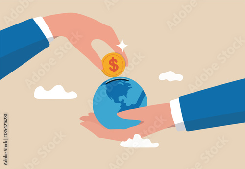 International economy, global investment, financial opportunity around the world, developed market and emerging markets concept, businessman investor hand put dollar coin money into globe coin bank.