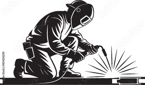 Welder in protective gear performing welding on metal structure with sparks industry