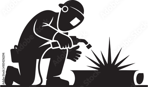 Welder silhouette working on pipes with sparks on white background Keywords: welder, silhouette