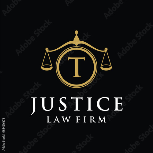 Initial letter T justice law firm logo design, attorney scale of justice legal graphic icon vector template