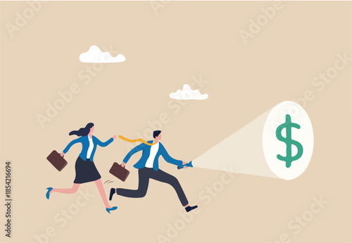 Investment opportunity, financial advisor or money planning, discover growth saving fund or make profit from stock market concept, businessman advisor holding flashlight finding dollar money sign