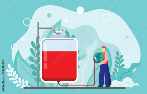 World Blood Donor Day Vector Illustration. Scientist holding earth next to blood sample