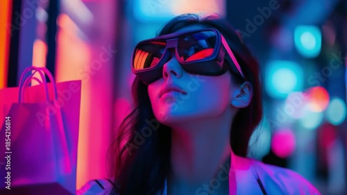 A stylish woman in futuristic glasses explores neon-lit streets. Vibrant scenes capture the essence of modern shopping. A glimpse into a digital world. Generative AI