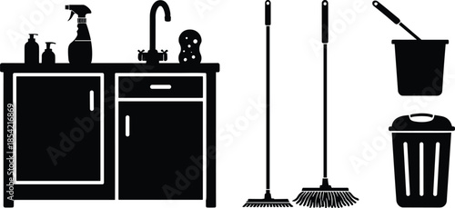Black Silhouette Icons of Sink, Spray Bottle, Mop, Broom, Bucket, and Trash Can – Essential Cleaning Tools Collection