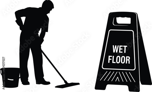 Wet Floor Safety Icon – Black Silhouette of Person Mopping with Bucket and Caution Sign for Cleaning and Hazard Awareness