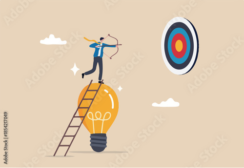 Idea to achieve target, strategy or planning to achieve goal, innovation to insight to reach target, solution or creativity concept, businessman climb up ladder on lightbulb idea to shoot at target.