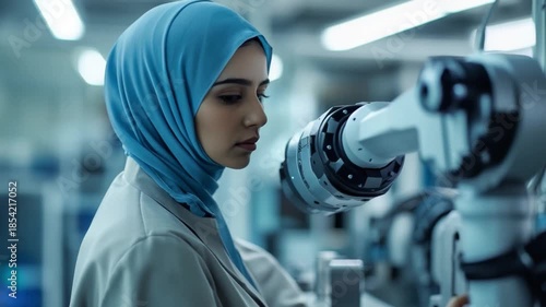 Innovative technology meets human expertise in a modern lab. A focused woman collaborates with a robotic arm. Discover the future of automation. Generative AI