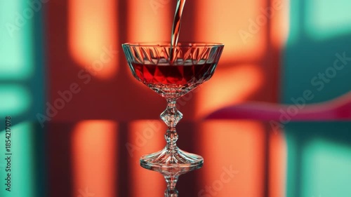 Elegant cocktail glass filled with red liquid. Bright colors create a vibrant backdrop. Perfect for party themes and lively gatherings. Generative AI