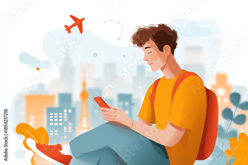 A man is sitting on the ground with a backpack and a cell phone