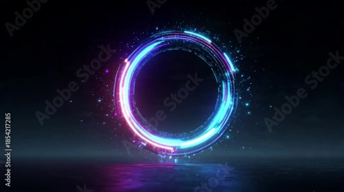 A futuristic glowing energy ring floating in a dark space background, composed of rotating holographic segments and digital particles.