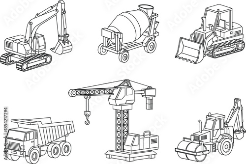 Black line art of six construction vehicles including excavator, cement mixer, bulldozer, dump truck, crane, and road roller