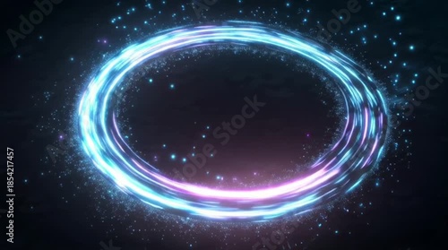 A futuristic glowing energy ring floating in a dark space background, composed of rotating holographic segments and digital particles.