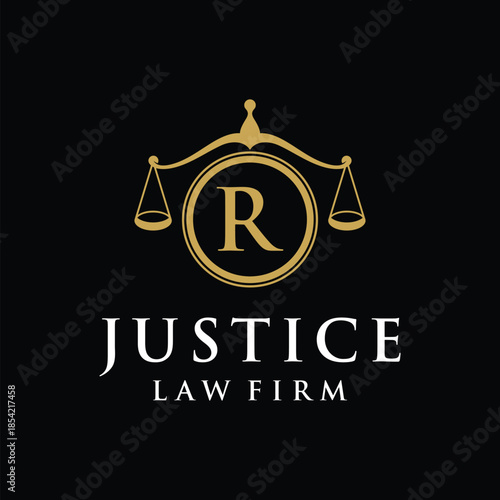 Initial letter R justice law firm logo design, attorney scale of justice legal graphic icon vector template