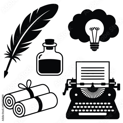 set of old letters with writing tools and ink