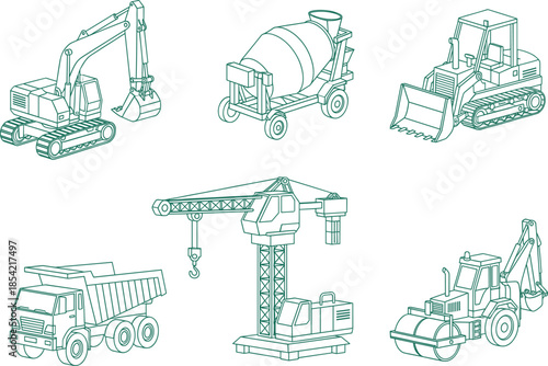 green line art of six construction vehicles including excavator, cement mixer, bulldozer, dump truck, crane, and road roller