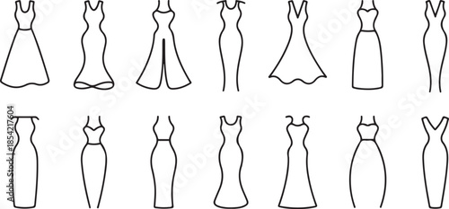 Women dress icon. Black linear dress icons set. Vector illustration.  one line Art icon drawing