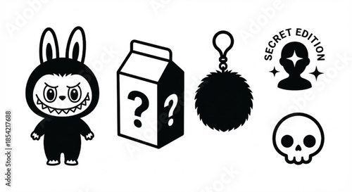 Quirky mystery and playful dark graphic elements for unique merchandise, featuring a bunny-eared character, surprise box, and skull emblem