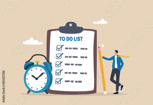To do list, task management or completion tracking or reminder to finish assignment, work planning or schedule concept, productive businessman with pencil and to do list clipboard with alarm clock.