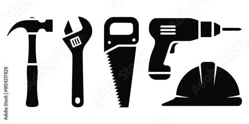 Set of construction and repair tools including hammer wrench screwdriver and pliers isolated on white background