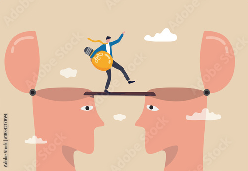 Knowledge transfer or idea sharing between employee or teamwork, skill training or work transition concept, businessman holding idea light bulb walking on the bridge from human head brain to other