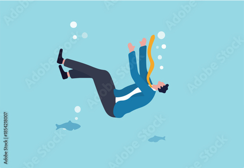 Business failure, financial debt problem and bankruptcy, career struggle or unemployment concept, helpless businessman drowning or sinking into the bottom of ocean.