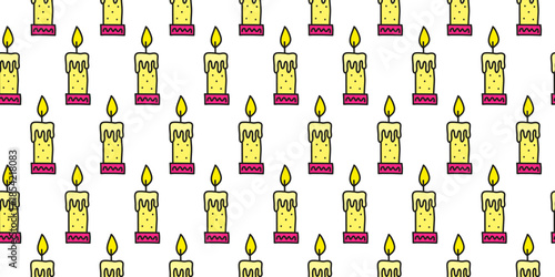 Cute seamless pattern with doodle burning candles on white background.