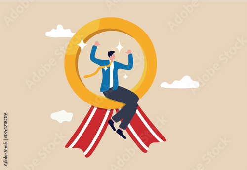 Self promotion, encouragement and motivate yourself for positive thinking and achieve success, happy businessman sitting on award winning medal thumbs up himself.