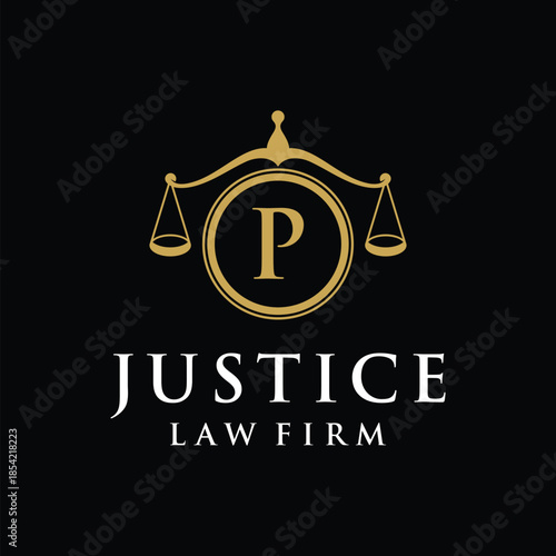 Initial letter P justice law firm logo design, attorney scale of justice legal graphic icon vector template