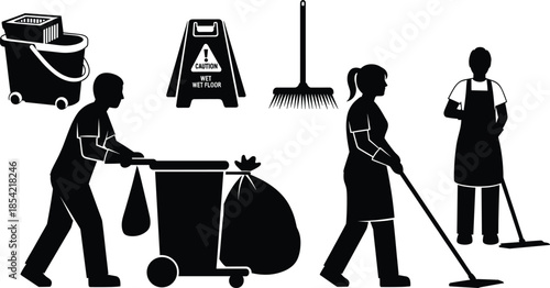 Black silhouettes of janitorial workers and cleaning tools including mop, bucket, caution sign, and garbage bin on white background
