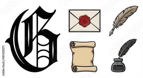 Classic Stationery Icons Quill Pen, Inkwell, Wax Seal, and Scroll for Design Elements